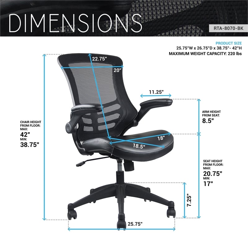 Techni Mobili Mid Back Mesh Adjustable Office Chair in Black