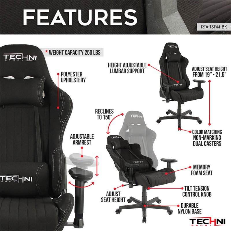 Techni Sport Ergonomic Adjustable Racing Game Chair in Black