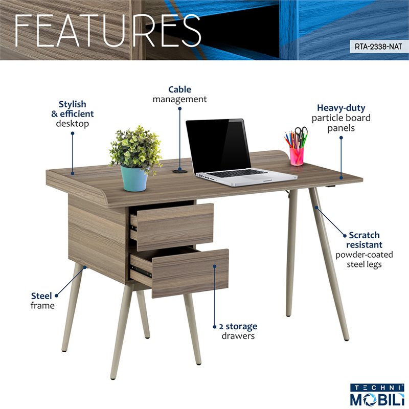 Techni Mobili Modern Writing Desk In Natural Rta 2338 Nat