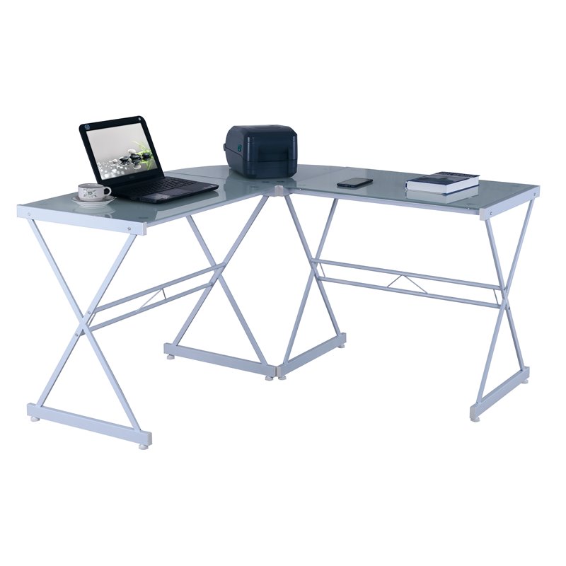 Techni Mobili L Shaped Glass Top Writing Desk in White RTA3805LWHT