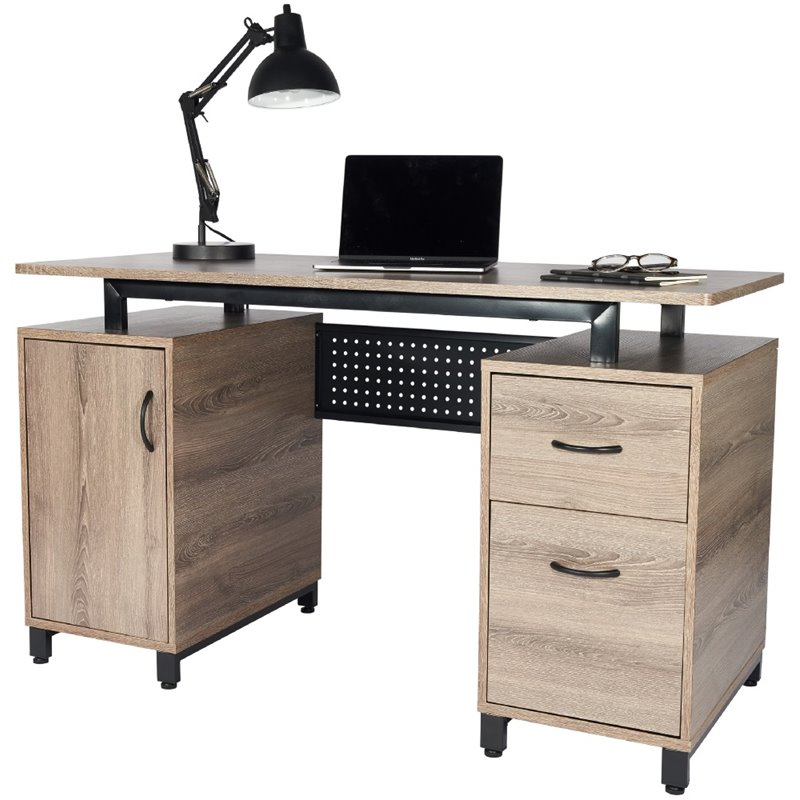 Techni Mobili Wooden Double Pedestal Computer Desk in Natural with Gray