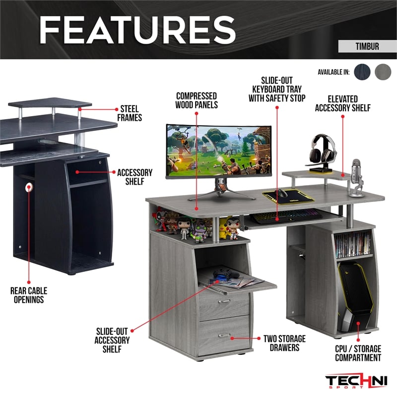 Techni Mobili Engineered Wood 2-Drawers Computer Desk with Keyboard Tray in Gray
