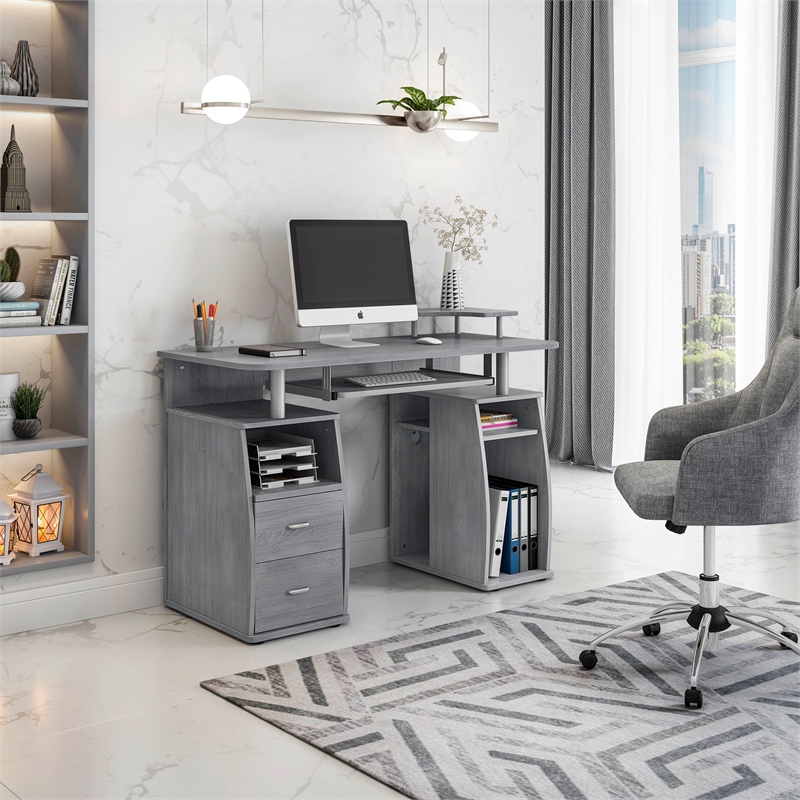 Techni Mobili Engineered Wood 2-Drawers Computer Desk with Keyboard Tray in Gray