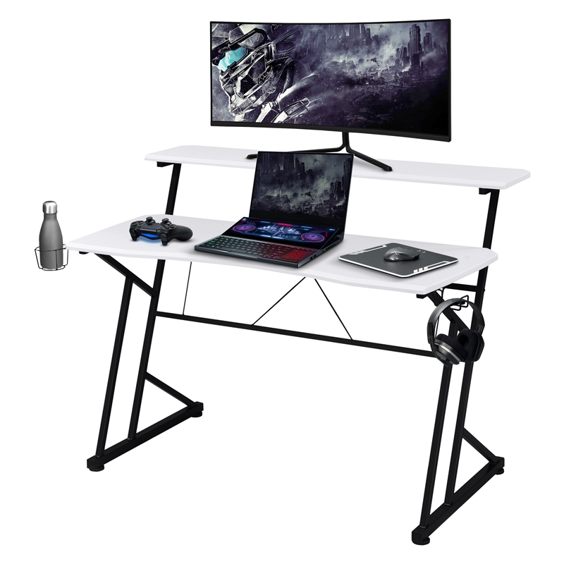 Techni Sport Engineered Wood Computer Gaming Desk with Shelves in White RTATS205WHT