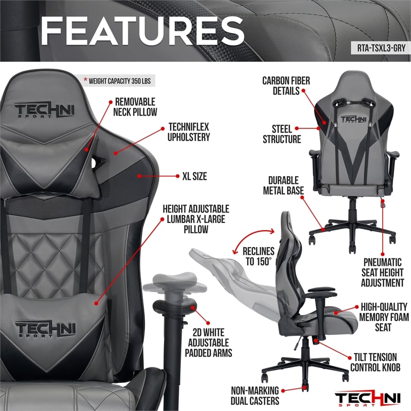 Techni Sport Polyurethane and Steel Frame XL-Ergonomic Gaming Chair in Gray