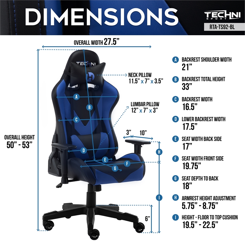 Techni Sport Polyurethane and Steel Frame TS-92 Office-PC Gaming Chair in Blue
