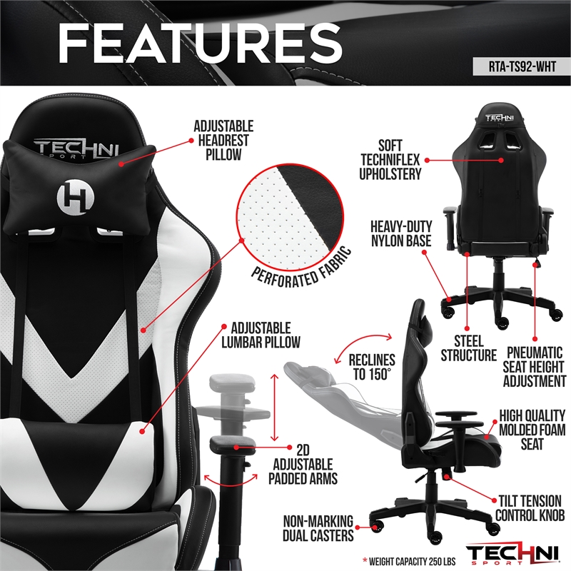 Techni Sport Polyurethane and Steel Frame TS-92 Office-PC Gaming Chair in White