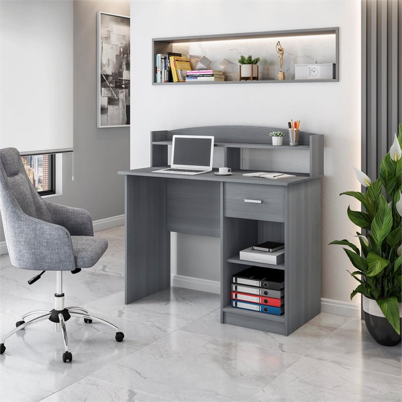 Techni Mobili Modern Engineered Wood Computer Desk with Storage Hutch in Gray