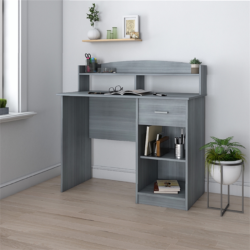 Techni Mobili Modern Engineered Wood Computer Desk with Storage Hutch in Gray