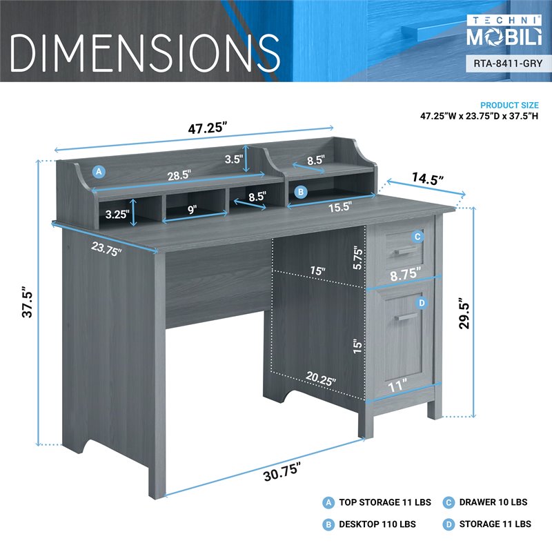 Techni Mobili Classic Engineered Wood Office Computer Desk with Hutch in Gray
