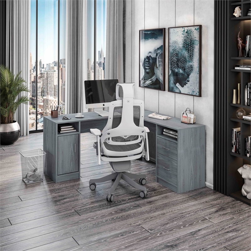 Techni Mobili Engineered Wood L-Shaped Computer Desk with Storage in Gray