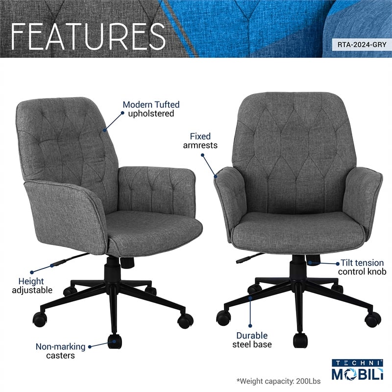 Techni Mobili Modern Fabric Upholstered Tufted Office Chair with Arms in Gray