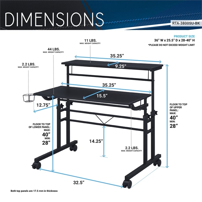 Techni Mobili Engineered Wood Adjustable Desktop/Shelves Writing Desk - Black