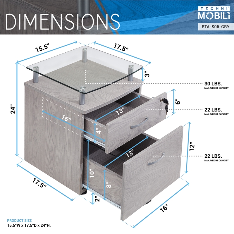 Techni Mobili Engineered Wood Frame Rolling File Cabinet with Glass Top - Gray