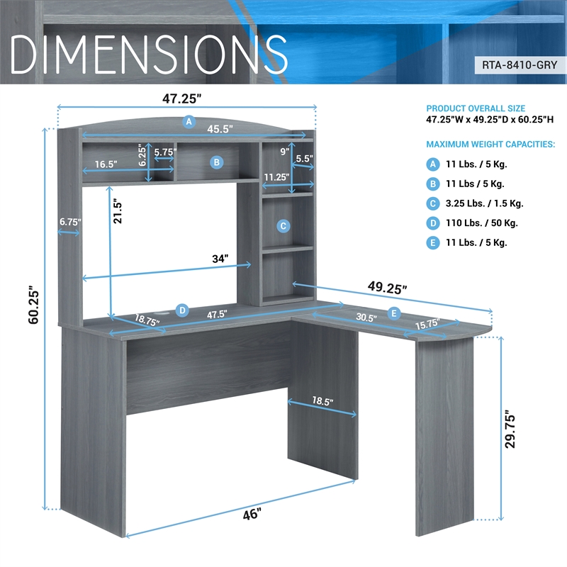 Techni Mobili Modern Engineered Wood L-Shaped Computer Desk with Hutch in Gray