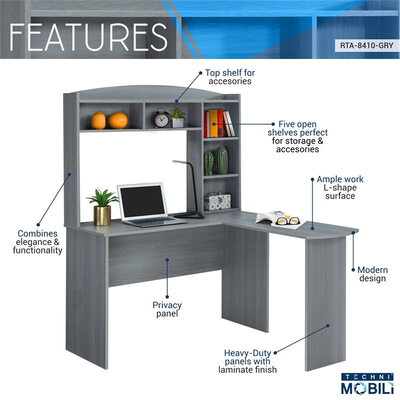 Techni Mobili Modern Engineered Wood L-Shaped Computer Desk with Hutch in Gray