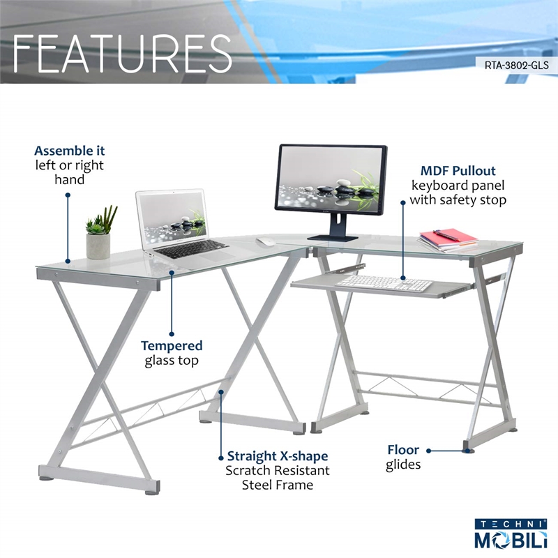 Techni Mobili Modern Reversible L Shaped Clear Glass Top Computer Desk
