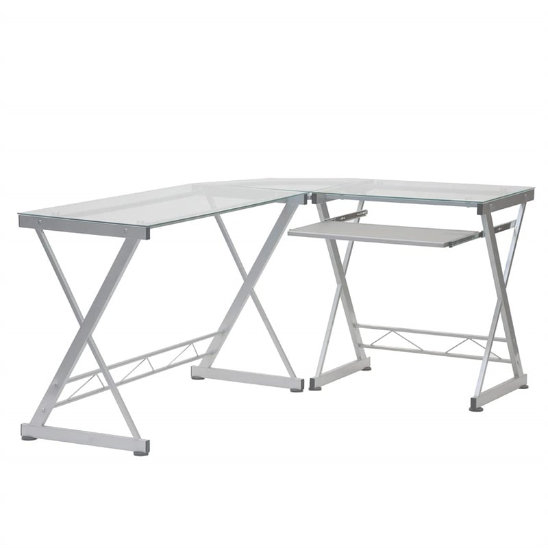 Techni Mobili Modern Reversible L Shaped Clear Glass Top Computer Desk