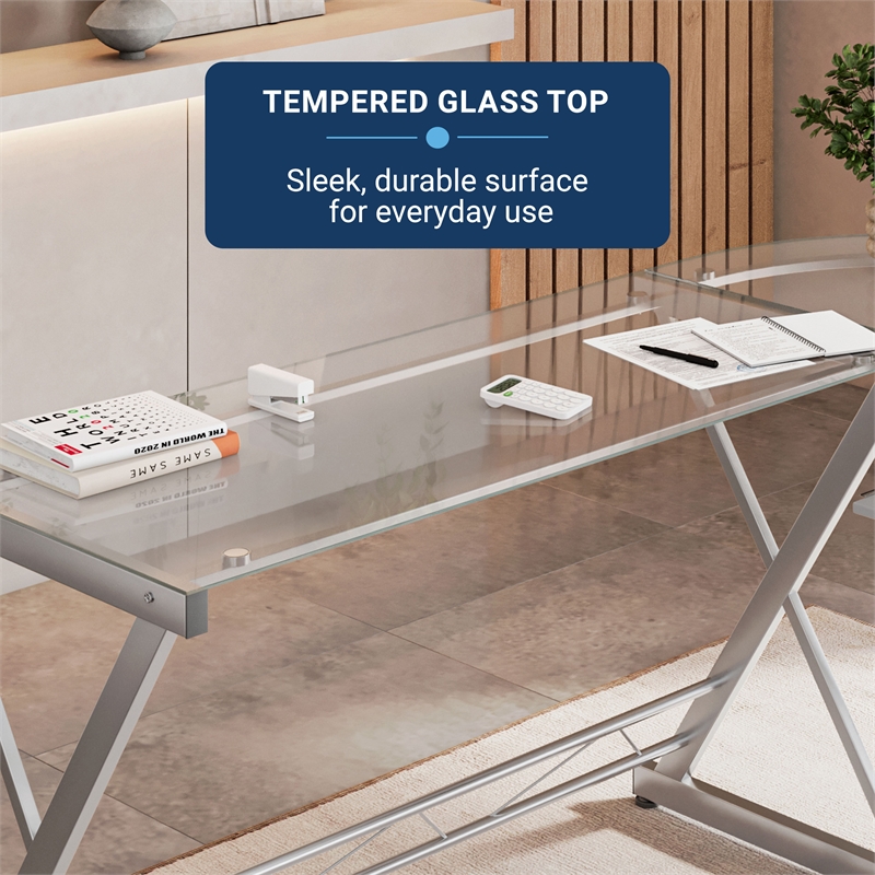 Techni Mobili Modern Reversible L Shaped Clear Glass Top Computer Desk