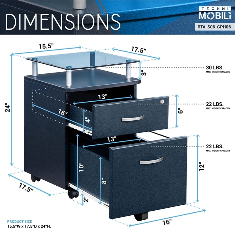 Techni Mobili Seguro 2 Drawer Wood Mobile Filing Cabinet in Graphite