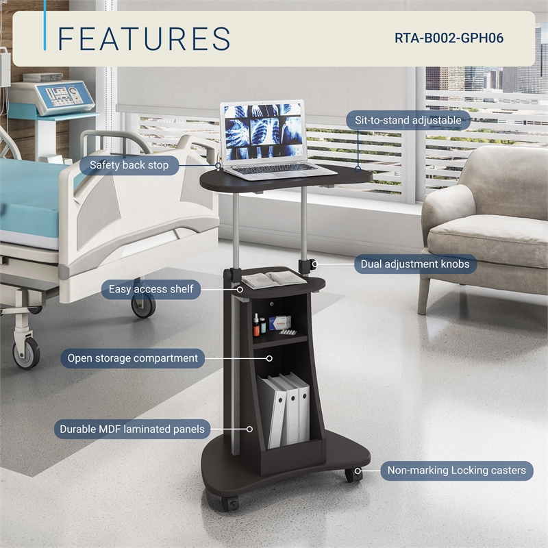 Techni Mobili Cadmus Sit-to-Stand Rolling Laptop Cart with Storage in Graphite