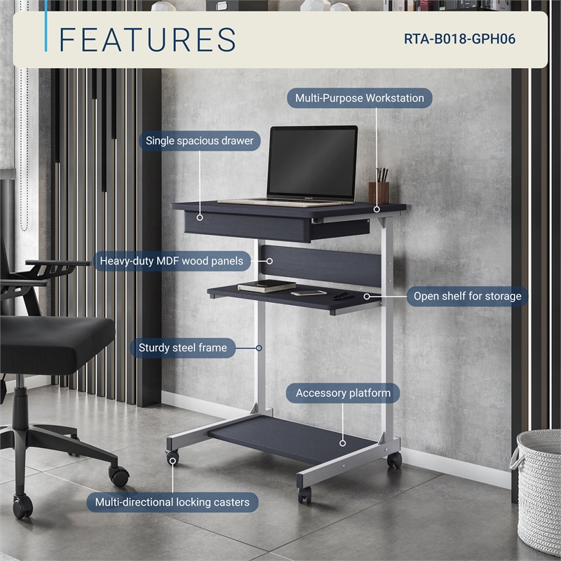 TECHNI MOBILI Modus Metal Computer Student Laptop Desk in Graphite