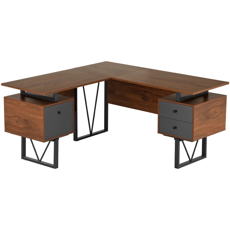 Techni Mobili Reversible Wooden L Shaped Computer Writing Desk in Walnut