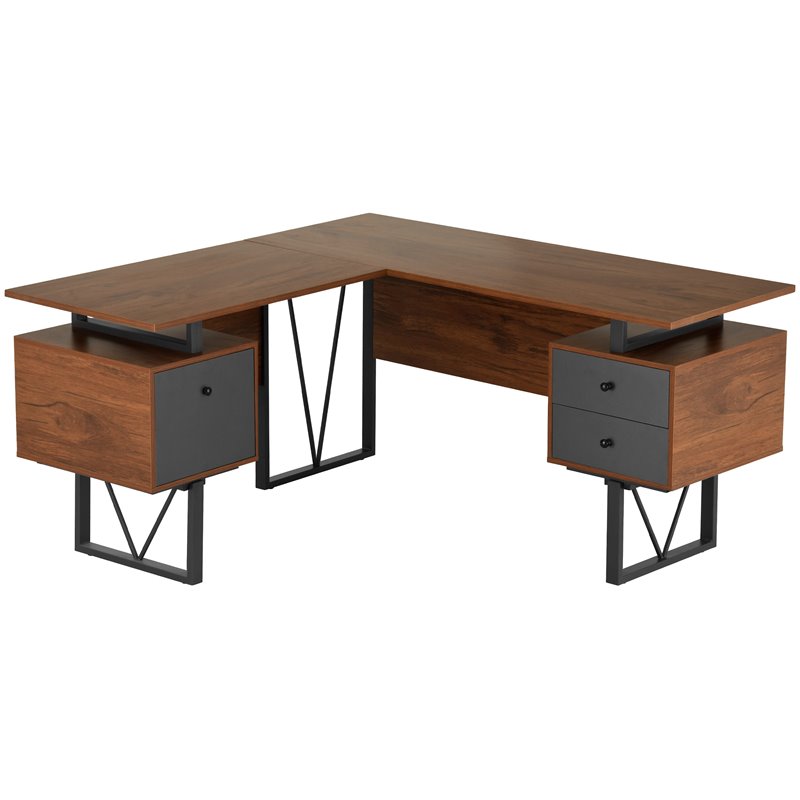 Techni Mobili Reversible Wooden L Shaped Computer Writing Desk in Walnut