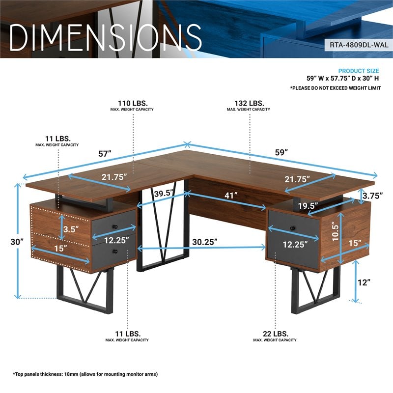 Techni Mobili Reversible Wooden L Shaped Computer Writing Desk in Walnut