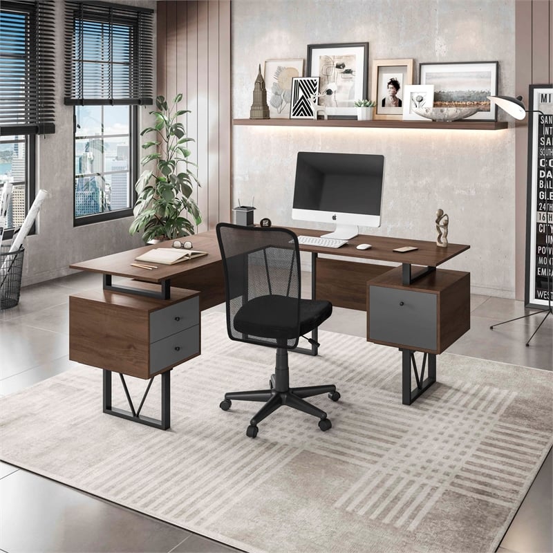 Techni Mobili Reversible Wooden L Shaped Computer Writing Desk in Walnut