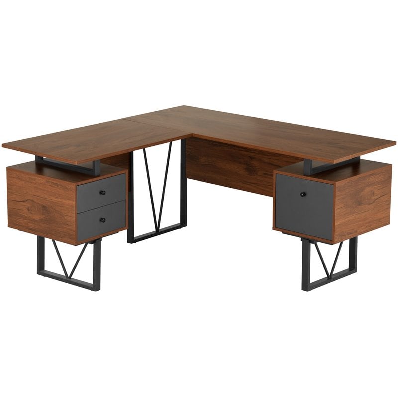 Techni Mobili Reversible Wooden L Shaped Computer Writing Desk in Walnut