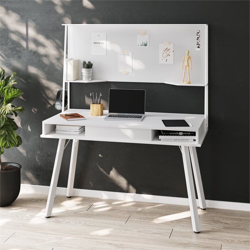 Techni Mobili Computer Writing Desk in White with Magnetic Dry Erase Board