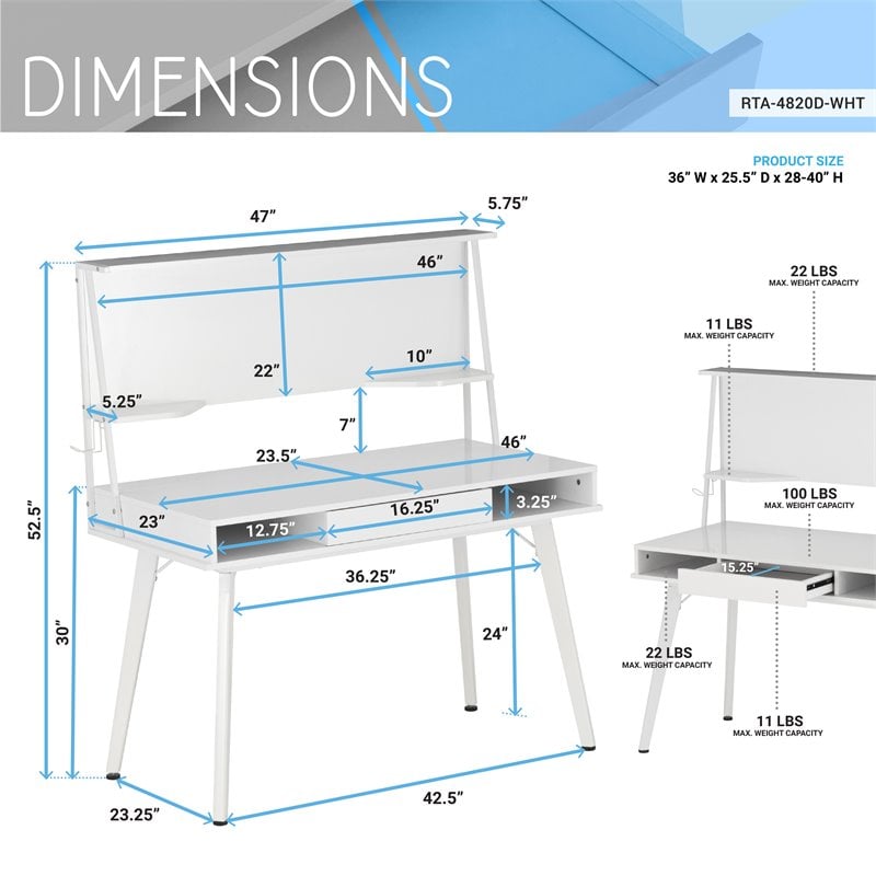 Techni Mobili Computer Writing Desk in White with Magnetic Dry Erase Board