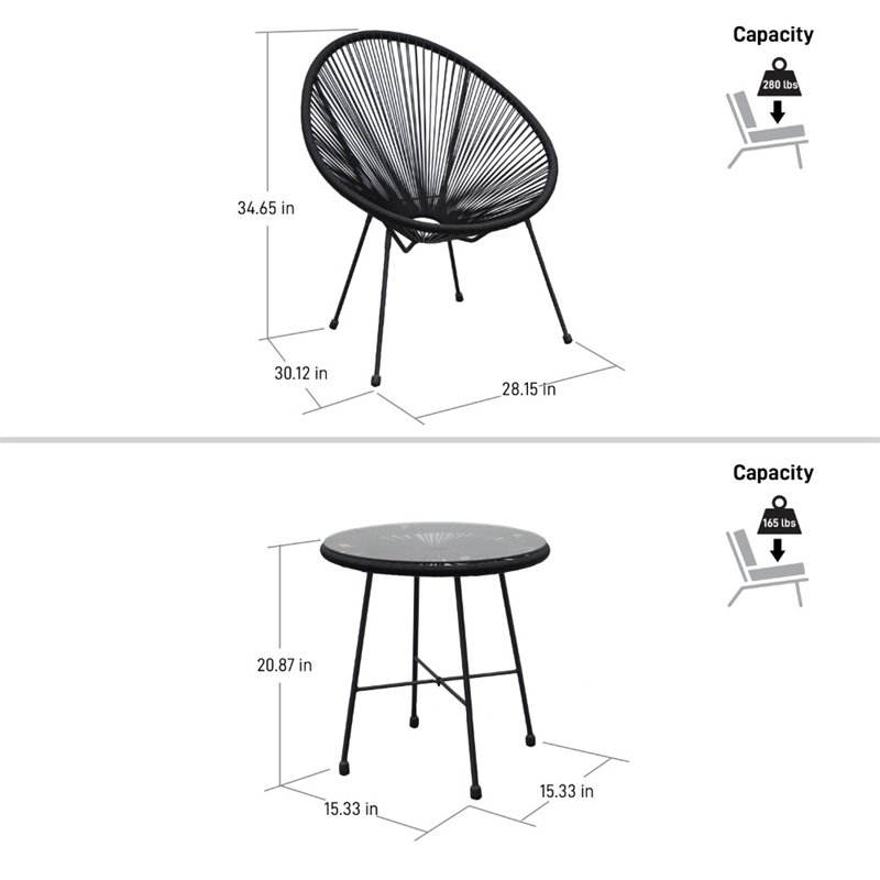DUKAP Sassio 3 Piece Conversation Patio Set in Black