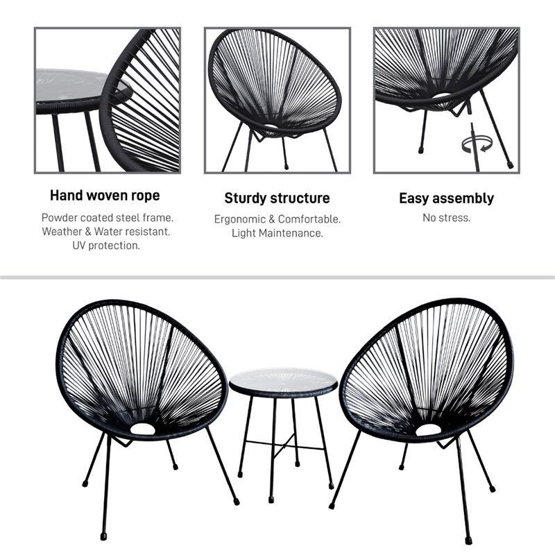 DUKAP Sassio 3 Piece Conversation Patio Set in Black