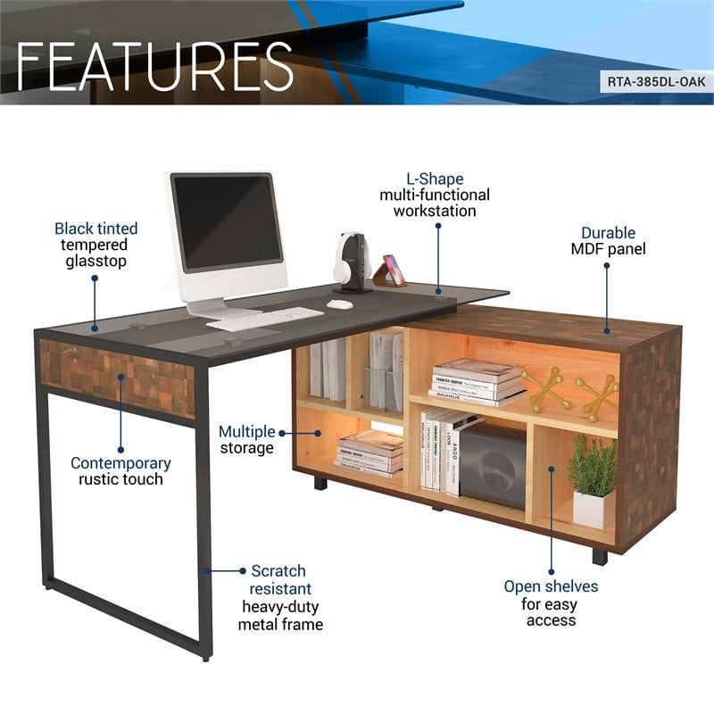 Techni Mobili L-Shaped Glass Table Top Corner Desk with Multiple Storage in Oak