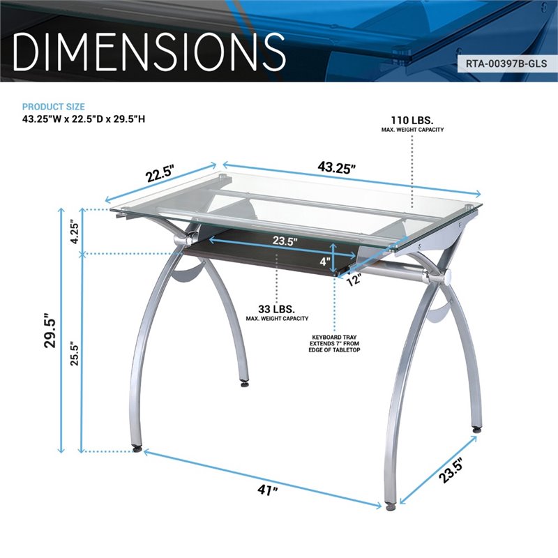 TECHNI MOBILI Alterna Glass Top Metal Clear Computer Desk