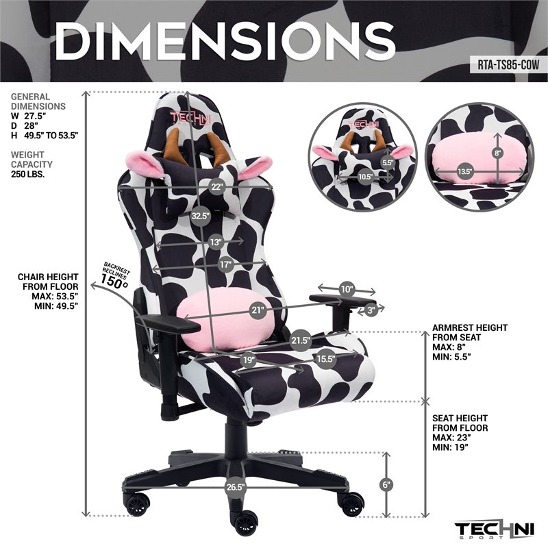 Techni Mobili Sport TS85 COW Print Fabric LUXX Series Gaming Chair Black/White