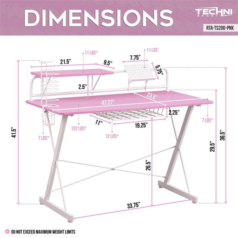 Techni Sport TS-200 Carbon Computer Gaming Desk with Shelves - Pink/White