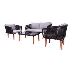 techni mobili fassano 4-piece rope woven metal/wood patio sofa set in black/gray