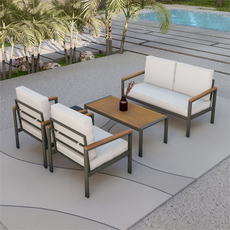 Techni Mobili Ribe 4-Piece Outdoor Aluminum/Wood Patio Sofa Set in Beige