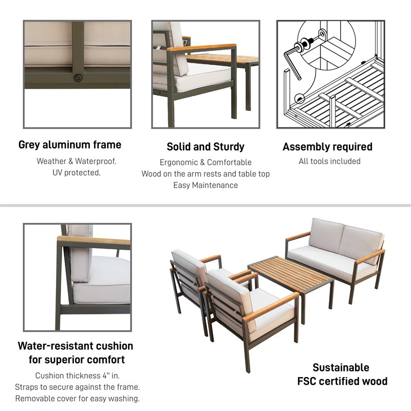 Techni Mobili Ribe 4-Piece Outdoor Aluminum/Wood Patio Sofa Set in Beige