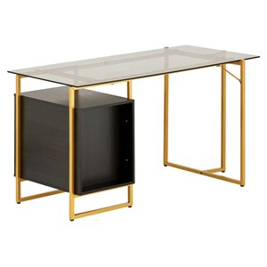 techni mobili modern metal & glass computer desk with storage in gold