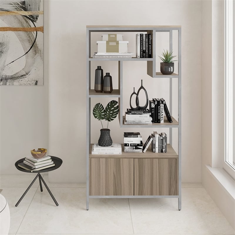 Techni Mobili Mid-Century MDF Wood & Metal Storage Rack with Door Cabinet in Oak