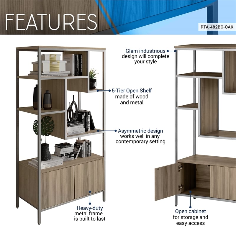 Techni Mobili Mid-Century MDF Wood & Metal Storage Rack with Door Cabinet in Oak