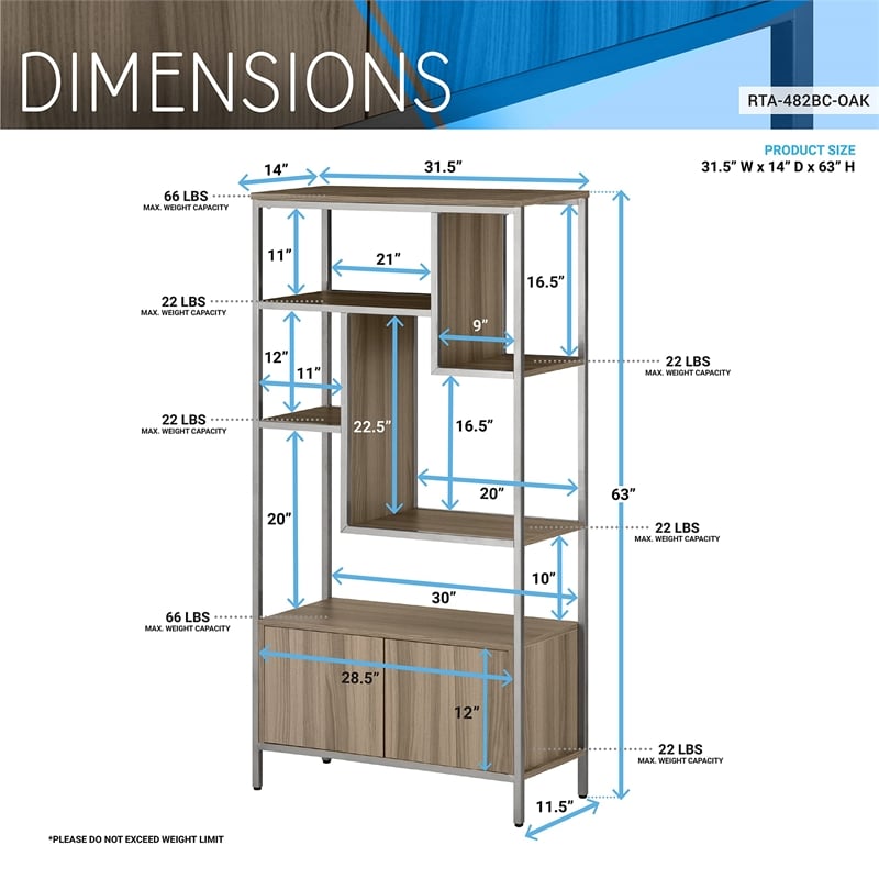 Techni Mobili Mid-Century MDF Wood & Metal Storage Rack with Door Cabinet in Oak
