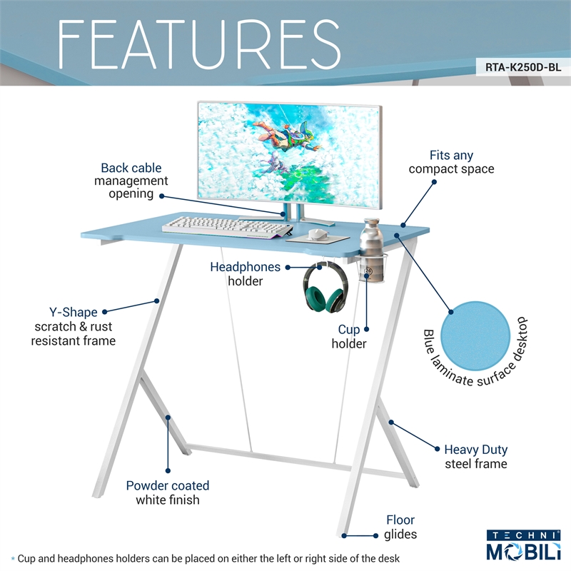 Techni Mobili Y-Shaped Modern Wood and Steel Gaming Desk in Blue