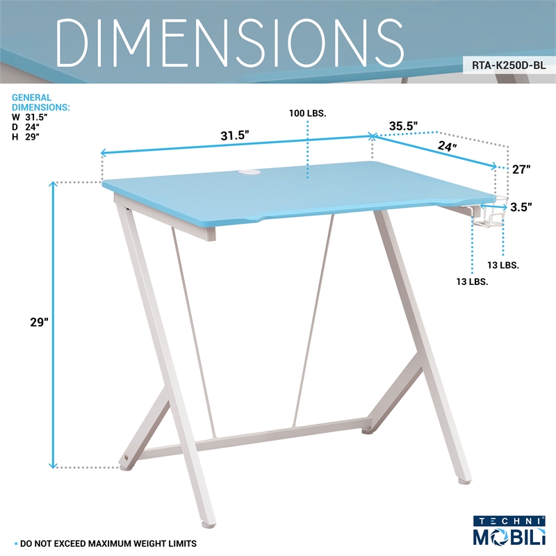 Techni Mobili Y-Shaped Modern Wood and Steel Gaming Desk in Blue