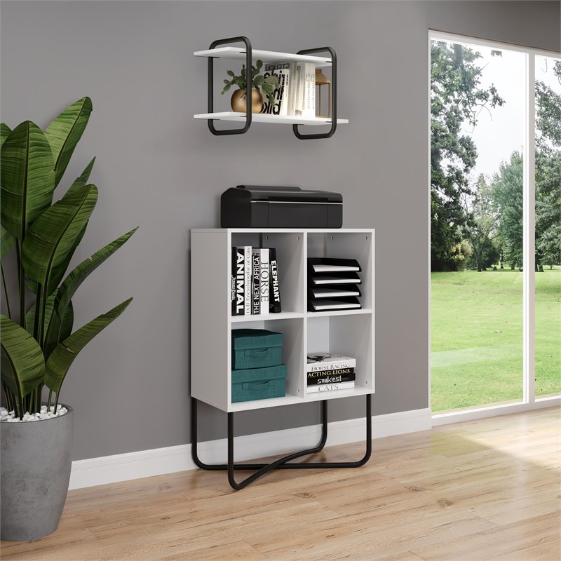 Techni Mobili Allure 2-Shelf Geometric Modern Wood & Metal Bookcase in White