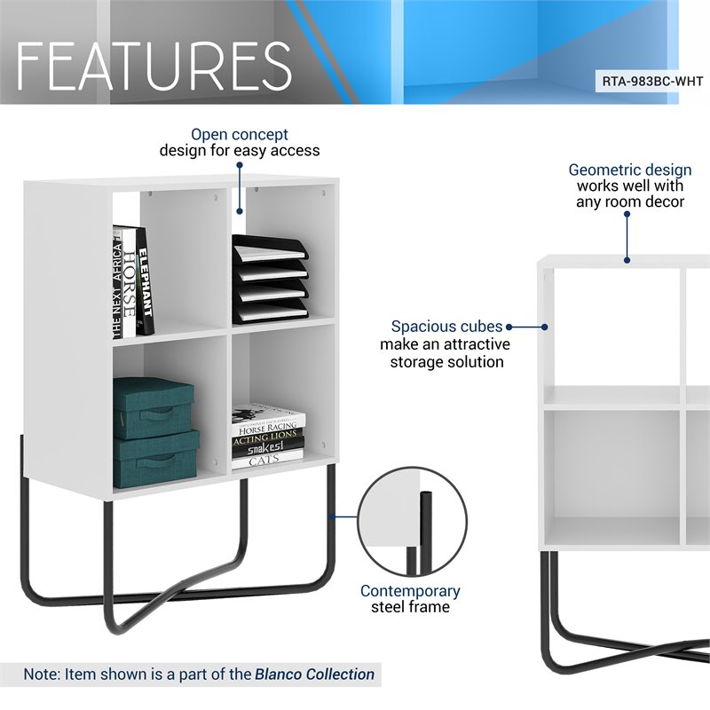 Techni Mobili Allure 2-Shelf Geometric Modern Wood & Metal Bookcase in White